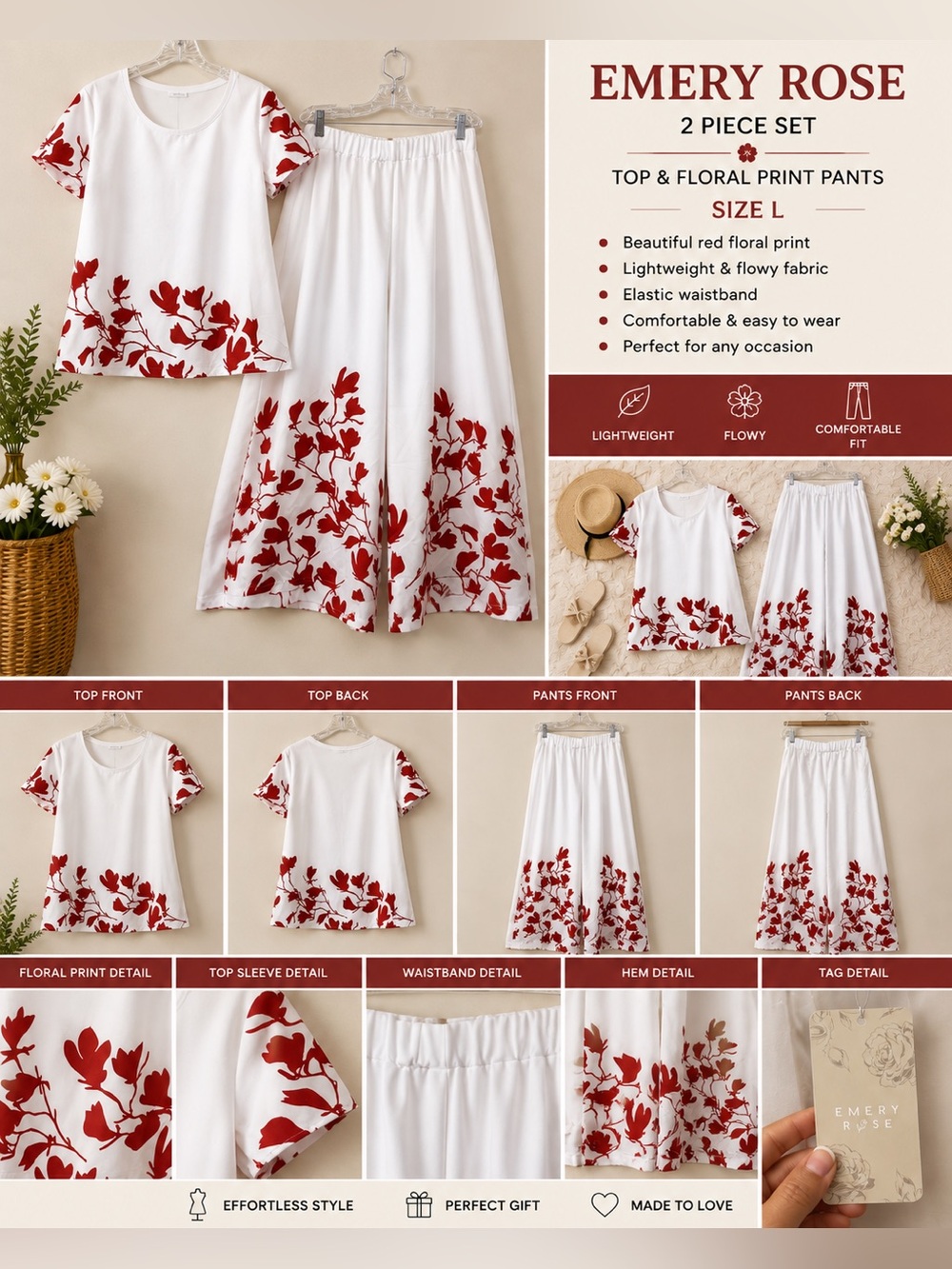 Emery Rose Women's 2-Piece Red Floral Top & Wide-Leg Pants Set Size L NWT
